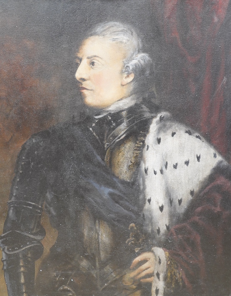 Decorative oil on canvas, Portrait of King George III in ermine and armour, unsigned, 93 x 74cm, unframed. Condition - fair